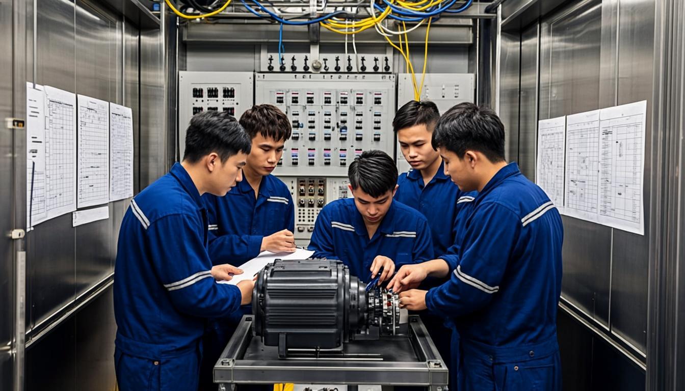 Maxelevate engineering team inspecting elevator motor room and control systems