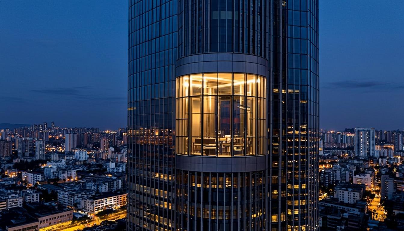 Modern high-rise building with a glass panoramic elevator at dusk